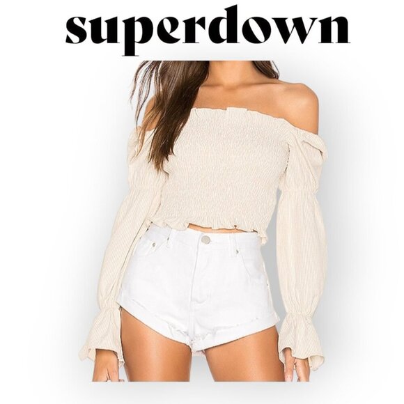 superdown crop tan cream gingham off-the-shoulder l/s smocked blouse size XS EUC - Picture 1 of 8